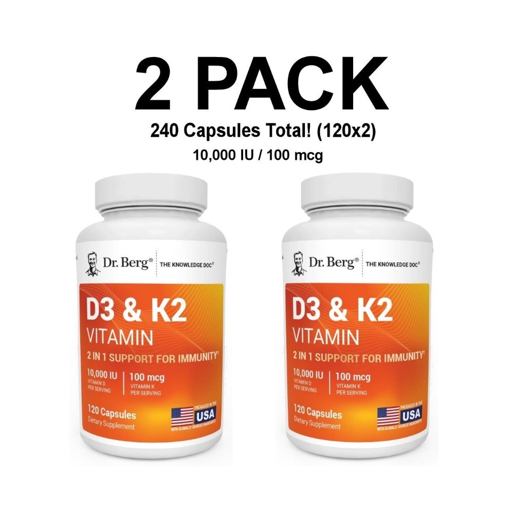 2 PACK Dr. Berg’s D3 & K2 Vitamin,10,000 IU, 100 mcg per serving, 120 Capsules