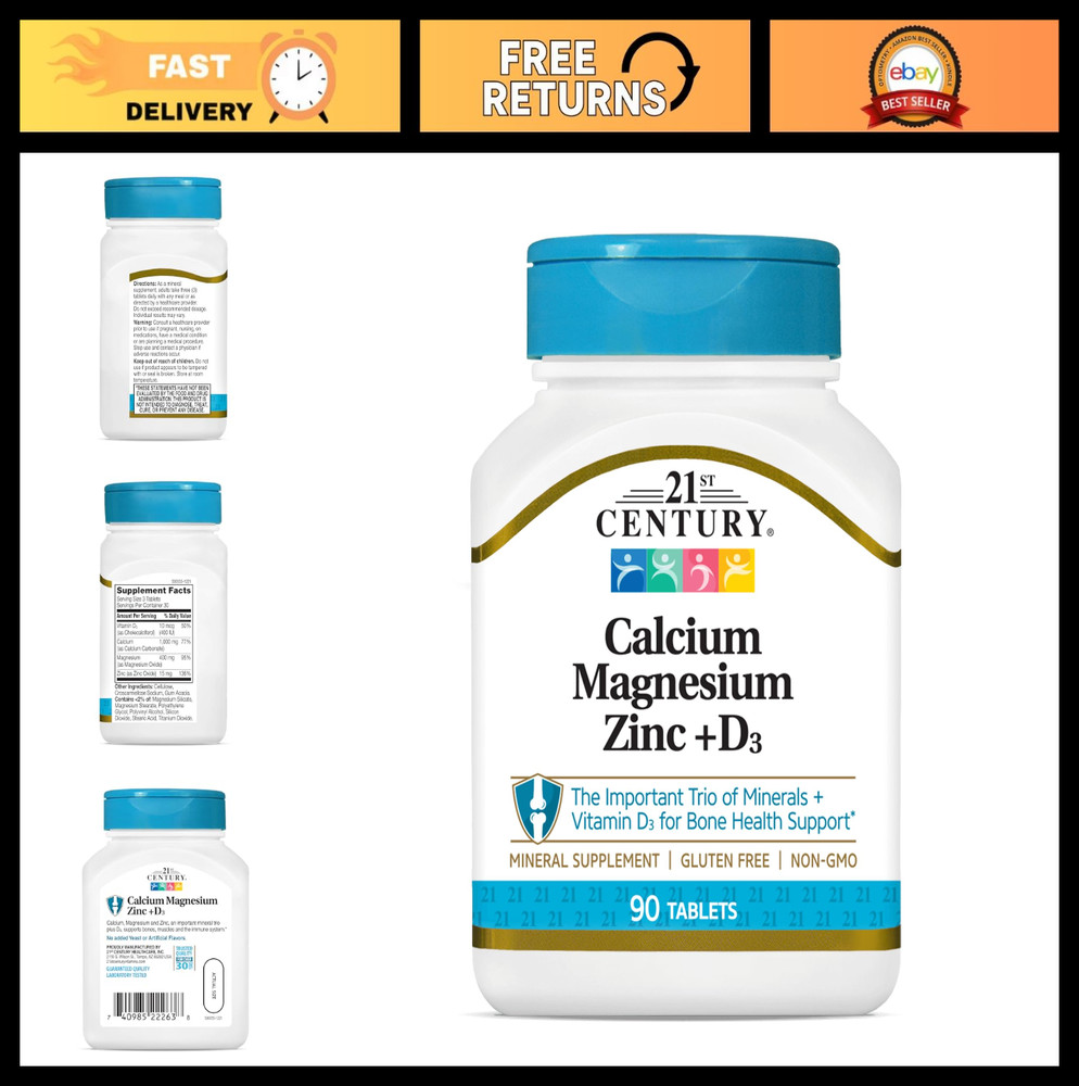 Calcium Magnesium Zinc + Vitamin D Tablets, 90 Count (Pack of 2) – Bone Health S