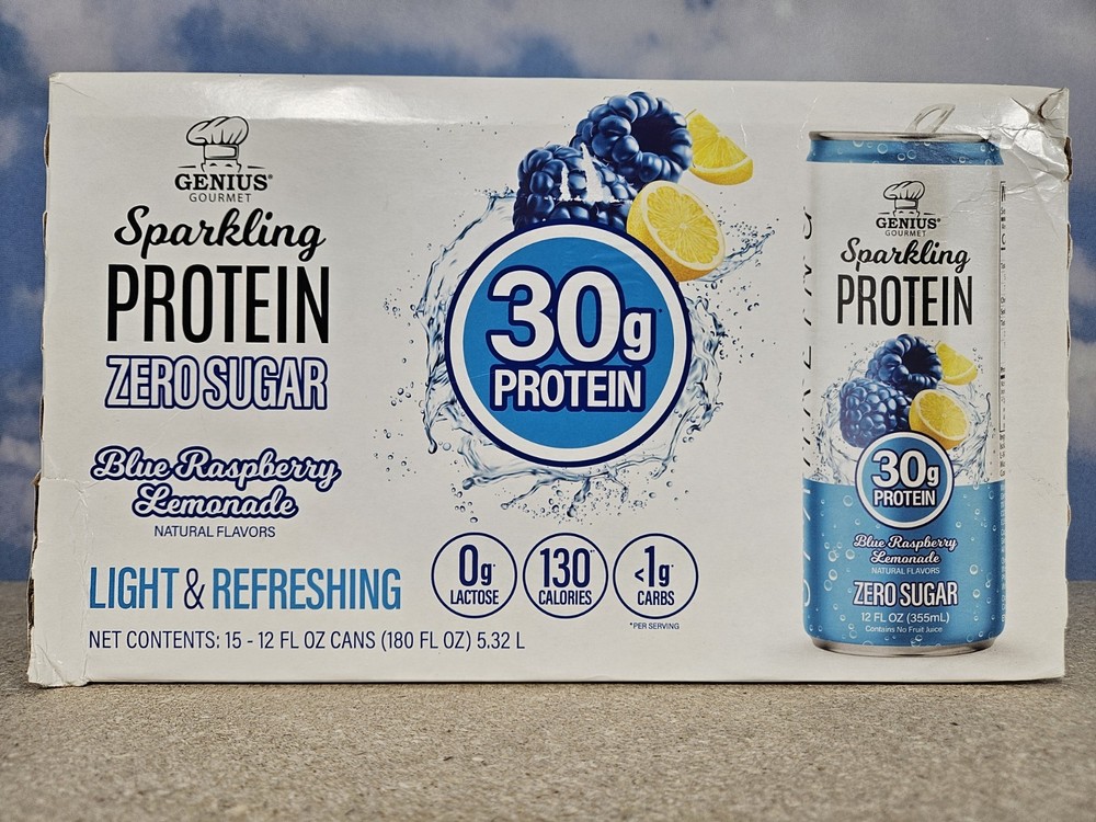Genius Gourmet Sparkling Drink 30g Protein, Blue Raspberry Lemonade, 15-pack