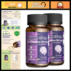 L-Theanine & Apigenin 400mg/200mg – Natural Stress Relief & Sleep Aid, Gluten-Fr