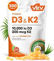 VEV Vitamin D3 Con K2 10000 IU, 300 Virgin Coconut Oil Softgels, 2 in 1 Vitamin