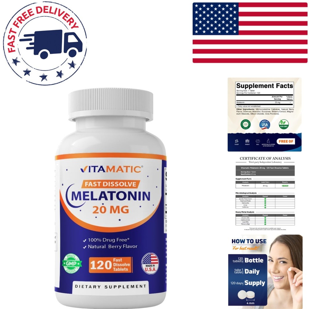 Natural Berry Flavored Melatonin 20 mg Tablets – 120 Count for Sleep Cycles
