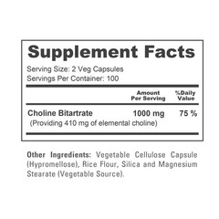 NusaPure Choline Bitartrate 1000 mg 200 Veggie Capsules (Vegetarian, Non-GMO)