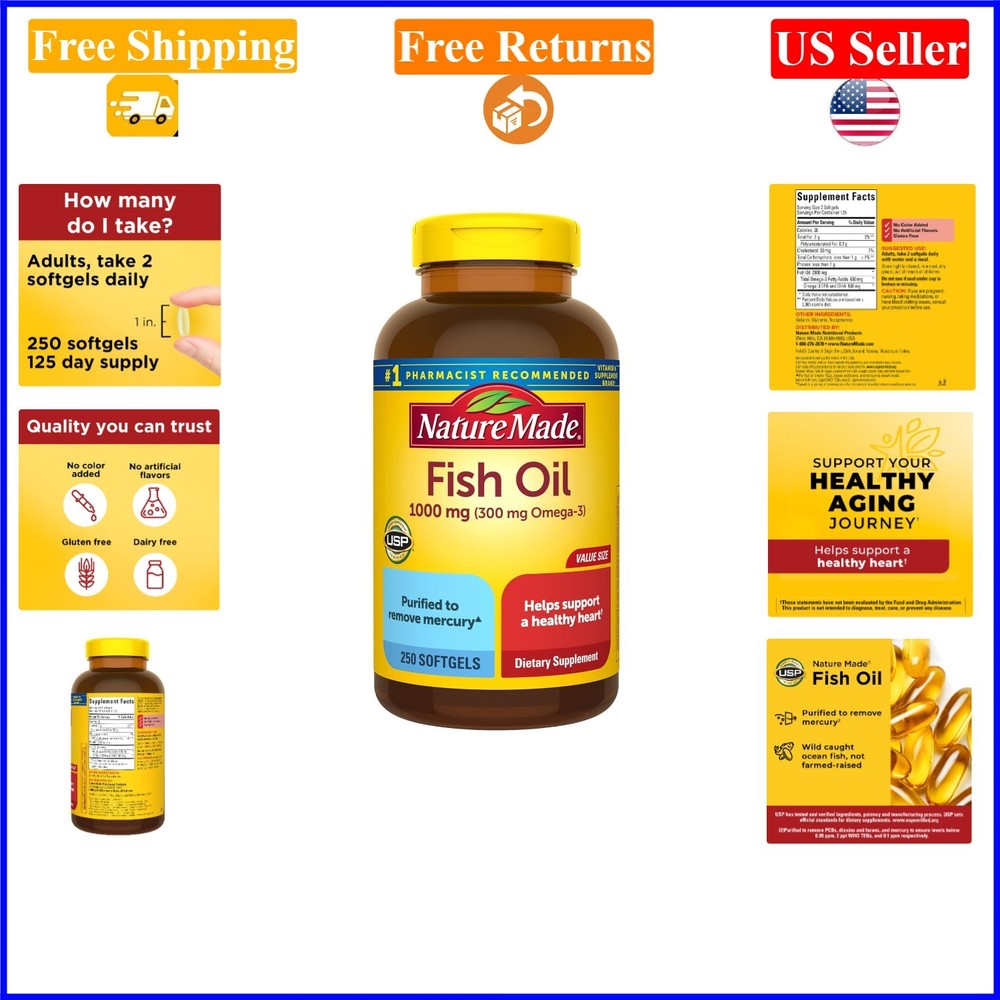 Fish Oil Omega 3 1000mg Softgels, Heart Support, 250 Softgels, Adult