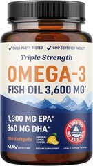 MAV NUTRITION 3x Strength Omega 3Fish Oil Burpless Supplement Fatty Acids 180 ct