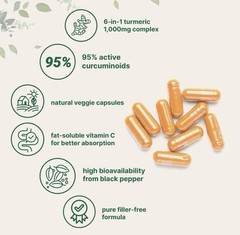 Pure Turmeric Curcumin 1000mg 120 Veggie Caps 95% Curcuminoids Black Pepper