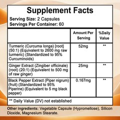 Turmeric, Ginger Supplement, With Black Pepper Extract, 30-120 Vegan Capsules