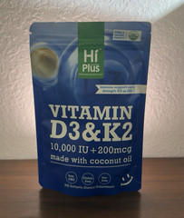 HiPlus Vitamin D3 + K2 10,000 IU/200 mcg 300 Softgels Non-GMO GF